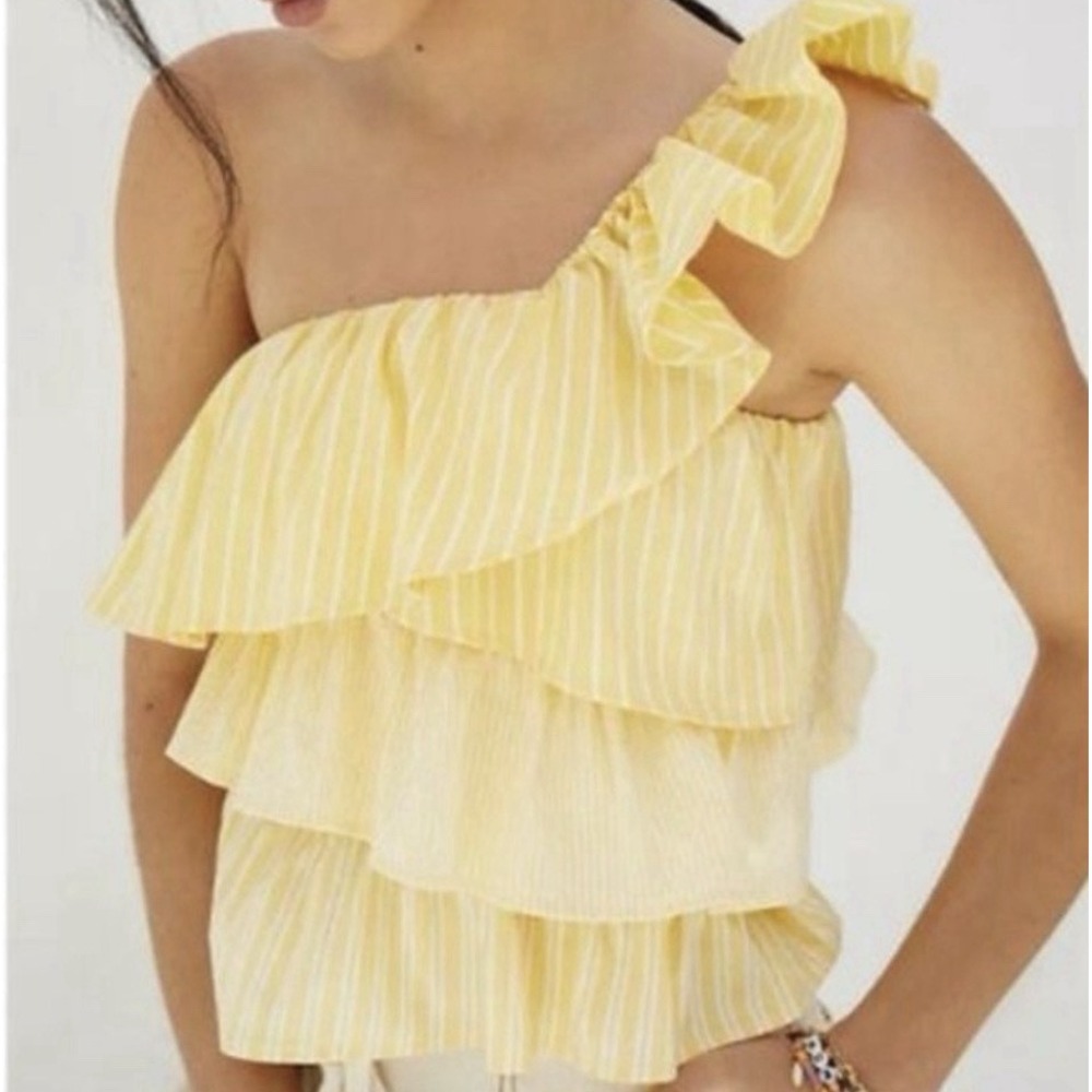 Maeve Anthropologie Yellow Striped Ruffle One Shoulder Top Tiered Sz M‎